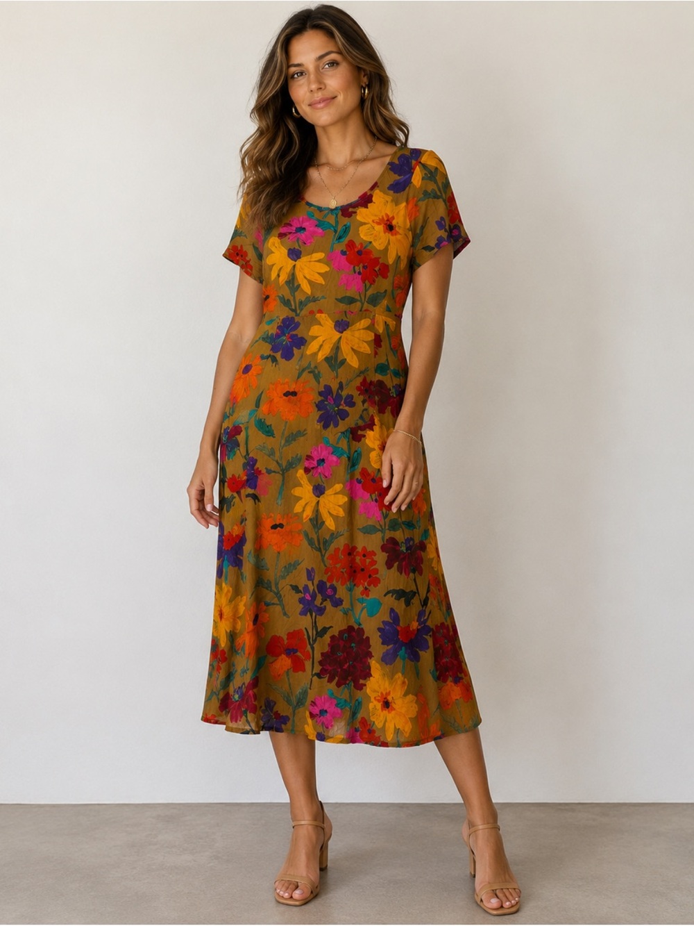 Jams World Vintage Brown Floral Midi Dress Size Medium